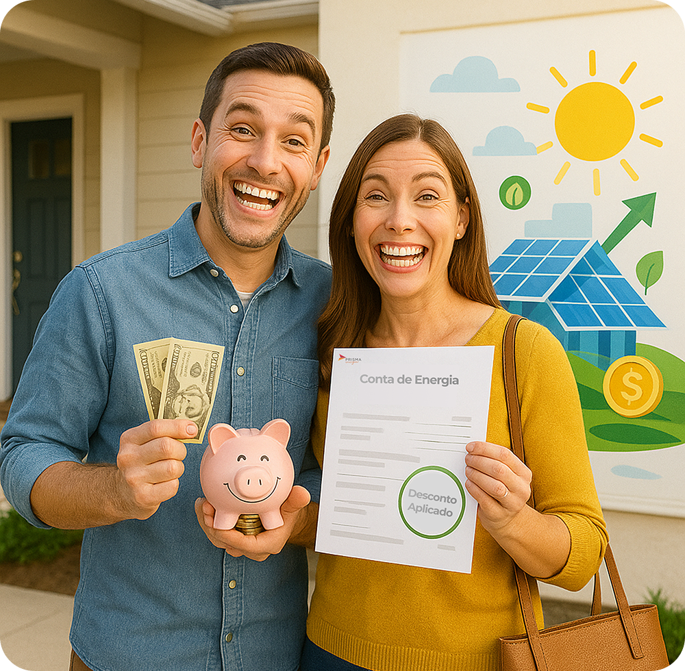 Casal feliz com painel solar e cofrinho